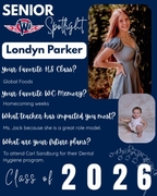 West Central High School Senior Spotlight for Londyn Parker, Class of 2026. Londyn is pictured in a textured blue dress against a leafy background, alongside a childhood photo of her holding pearl beads. Text highlights her favorite memory of Homecoming w